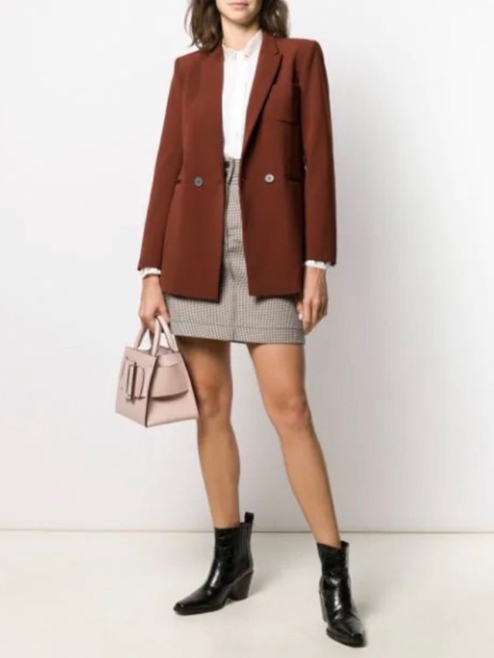 Sandro Paris Double Breasted Crepe Blazer in Tobacco Brown 8 Poly 40